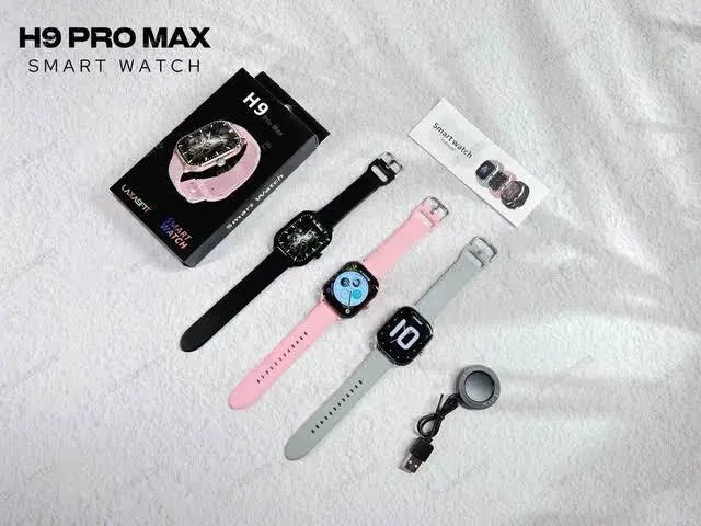 H9 Pro Max smart watch with packaging and accessories on a light gray background